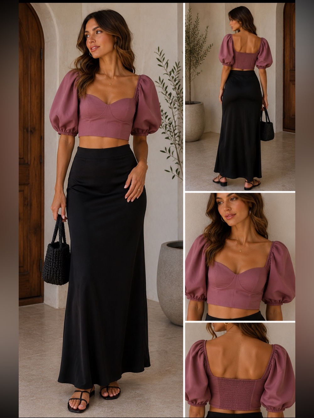 Wilfred Aritzia Mauve Puff Sleeve Sweetheart Crop Romantic Cottagecore Blouse